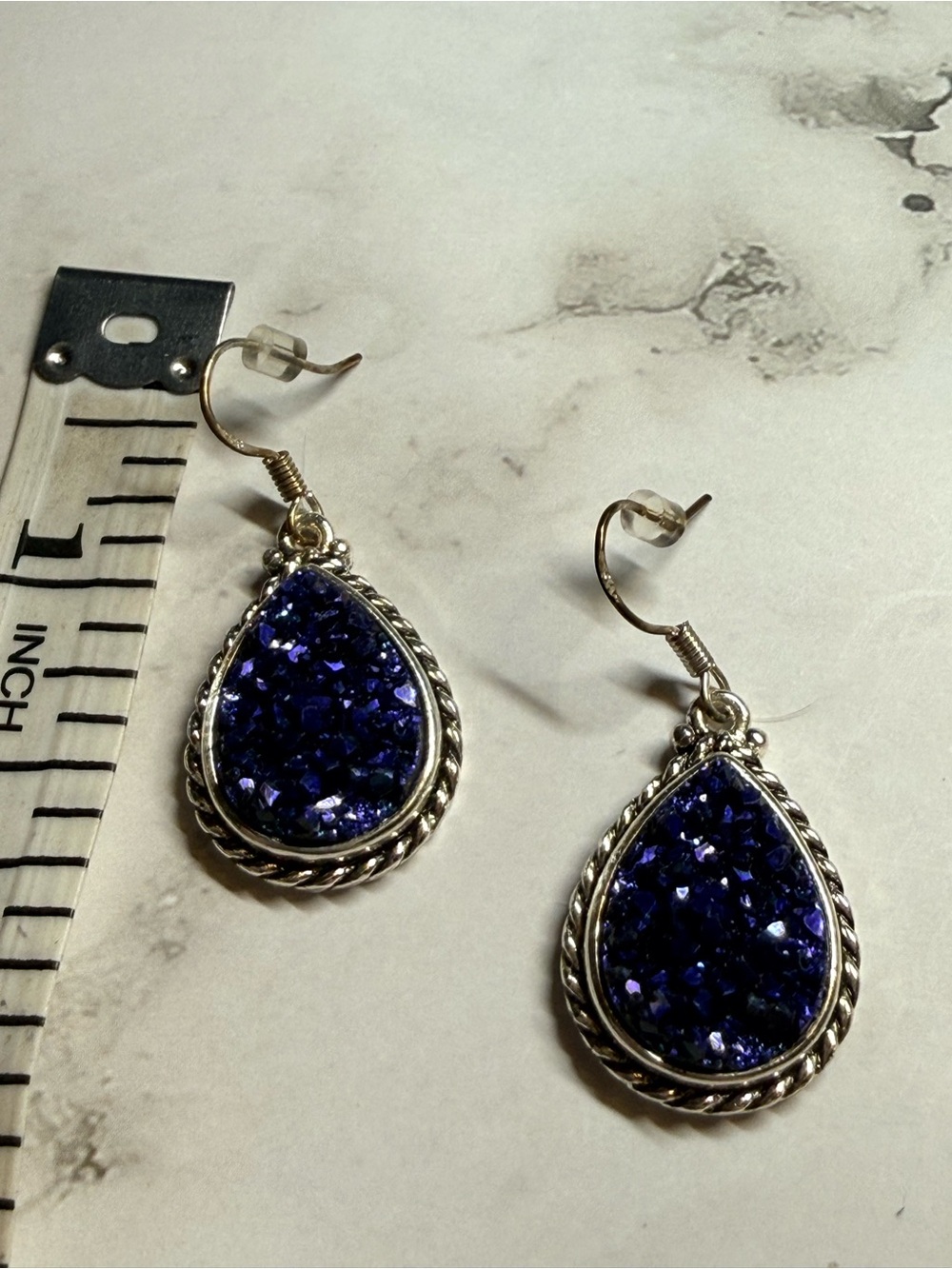 Druzy Teardrop Drop Earrings in Deep Blue
